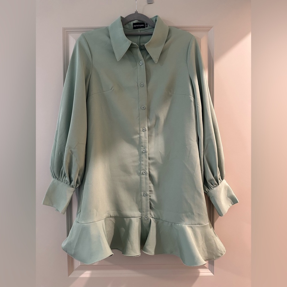 Sage Green Frill Hem Shirt Dress!